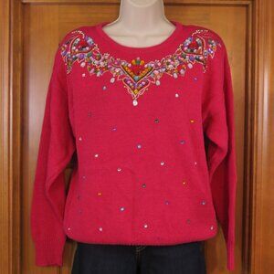 Vtg Brittany Leigh Bright Pink Bejeweled Sweater Hearts long Sleeve Size Large